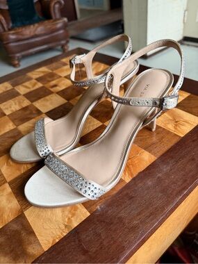 Via Spiga Champagne Satin Crystal Ankle-Strap Heels